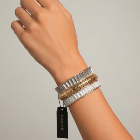 Cache Gold Crystal Gold Statement Glamour Crystal Wide Stretch Bracelet NWT 58 - Picture 1 of 7